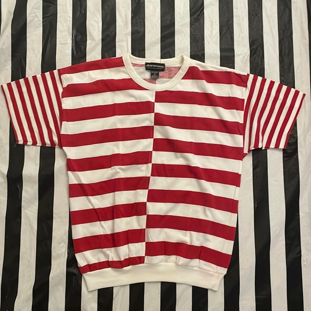 Vintage 80’s Jean Michaud Sz L Mixed Stripe Short Sleeve T-shirt w Elastic Hem